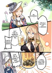 Rule 34 | &gt;:), 3girls, alcohol, alternate language, azur lane, beer, beer mug, bismarck (azur lane), bismarck (beacon of the iron blood) (azur lane), bismarck (beacon of the iron blood) (azur lane), black dress, blonde hair, blue eyes, breasts, cleavage, comic, cup, dress, elbow gloves, gloves, hair between eyes, hair over shoulder, hat, hm (hmongt), holding, holding cup, hood (azur lane), large breasts, long hair, mug, multiple girls, open mouth, sideboob, smile, spoken squiggle, squiggle, stuffed toy, teacup, twitter username, unicorn (azur lane), white gloves