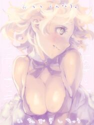 Rule 34 | 1girl, blush, bow, bowtie, breasts, cleavage, commentary request, detached collar, dress, fang, large breasts, looking to the side, original, short hair, solo, tinkle bell, upper body, white hair, white theme