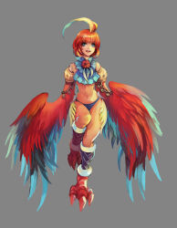 Rule 34 | 1girl, ahoge, bare shoulders, bird legs, blue eyes, blue neckerchief, commentary request, feathers, grey background, harpy, highres, huge ahoge, imari, medium hair, midriff, monster girl, neckerchief, open mouth, original, red feathers, red wings, simple background, solo, standing, standing on one leg, talons, teeth, upper teeth only, winged arms, wings