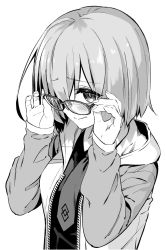 Rule 34 | 1girl, breasts, closed mouth, dress, fate/grand order, fate (series), glasses, greyscale, hair over one eye, highres, hiroyama hiroshi, jacket, large breasts, long sleeves, looking at viewer, mash kyrielight, monochrome, necktie, open clothes, open jacket, short hair, solo