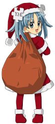 Rule 34 | 1girl, absurdres, blue eyes, blue hair, christmas, full body, happy, highres, kasuga (kasuga39), long image, looking at viewer, looking back, matching hair/eyes, open mouth, pantyhose, red pantyhose, sack, santa costume, short twintails, smile, solo, standing, tall image, transparent background, twintails, wikipe-tan, wikipedia