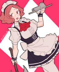 Rule 34 | 1girl, alternate costume, apron, ascot, axe, blush, brown eyes, brown hair, cross-laced clothes, cup, do m kaeru, enmaided, female focus, holding, holding axe, holding tray, holding weapon, maid, maid apron, maid headdress, multiple girls, okumura haru, open mouth, pantyhose, persona, persona 5, short hair, short sleeves, solo, teacup, tray, twitter username, underbust, waist apron, weapon, white apron, white pantyhose, wristband
