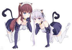 Rule 34 | 2girls, absurdres, all fours, alternate costume, animal ears, black ribbon, blunt bangs, breasts, brown hair, cat ears, cat tail, choker, cleavage, collarbone, elbow gloves, enmaided, gloves, hair ribbon, heart, heart tail, highres, jewelry, long hair, maid, maid headdress, medium breasts, miniskirt, multiple girls, necklace, new game!, pleated skirt, purple eyes, purple gloves, purple skirt, ribbon, sainohikari, silver hair, simple background, skirt, suzukaze aoba, tail, takimoto hifumi, thighhighs, tongue, tongue out, twintails, very long hair, white background, white legwear, zettai ryouiki