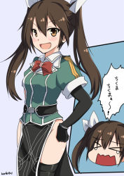 Rule 34 | &gt;:d, &gt; &lt;, 10s, 1girl, :d, black legwear, blush, bow, bowtie, brown eyes, brown hair, closed eyes, elbow gloves, face, gloves, hair ribbon, hand on own hip, hinase (jet hearts), kantai collection, long hair, open mouth, pelvic curtain, ribbon, side slit, single elbow glove, smile, solo, tears, tone (kancolle), tone kai ni (kancolle), translation request, twintails, v-shaped eyebrows