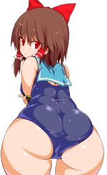 Rule 34 | 1girl, ass, bad id, bad nicoseiga id, blush, bow, brown hair, closed mouth, commentary request, cookie (touhou), cowboy shot, from behind, hair between eyes, hair bow, hair tubes, hakurei reimu, highres, looking at viewer, looking back, marakasu (chinkasu), one-piece swimsuit, red bow, red eyes, reu (cookie), short hair, sidelocks, simple background, solo, swimsuit, touhou, white background
