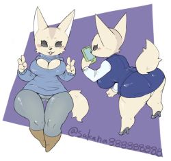 Rule 34 | 1girl, aggressive retsuko, ass, black eyes, boots, breasts, cameltoe, cellphone, cleavage, curvy, double v, fennec fox, fenneko, fox, furry, furry female, high heels, huge ass, huge breasts, meme attire, open-chest sweater, open mouth, pants, phone, sakana888888888, simple background, skirt, solo, sweater, tail, thick thighs, thighs, v, vest, wide hips