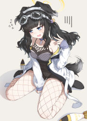 Rule 34 | 1girl, animal ears, black dress, black footwear, black hair, blue archive, blue eyes, blush, boots, breasts, collarbone, dog ears, dog tail, dress, fishnet pantyhose, fishnets, flying sweatdrops, goggles, goggles on head, halo, hibiki (blue archive), highres, jacket, long hair, long sleeves, medium breasts, open clothes, open jacket, open mouth, pantyhose, solo, tail, teallysky, white jacket, yellow halo