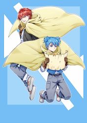 Rule 34 | 2boys, akabane karma, ansatsu kyoushitsu, bad id, bad twitter id, belt, blue background, blue eyes, blue hair, blue vest, brown belt, brown cape, brown gloves, brown jacket, cape, commentary request, denim, full body, gloves, hand up, holding, holding map, jacket, jeans, koro-sensei quest, long sleeves, looking at viewer, male focus, map, meipoi, multiple boys, official alternate costume, open mouth, pants, red eyes, red hair, shiota nagisa, shirt, short hair, smile, vest, white shirt, wings