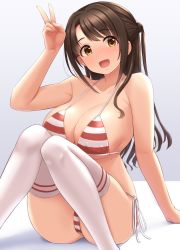 Rule 34 | 1girl, :d, bikini, blush, breasts, brown eyes, brown hair, commentary request, gradient background, grey background, hand up, highres, idolmaster, idolmaster cinderella girls, large breasts, long hair, looking at viewer, open mouth, red bikini, shimamura uzuki, side-tie bikini bottom, sitting, smile, solo, striped bikini, striped clothes, swimsuit, thighhighs, tomajiyama, v, white thighhighs