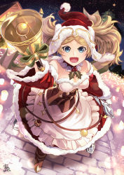 Rule 34 | 1girl, bell, blonde hair, blue eyes, breasts, christmas ornaments, christmas tree, cleavage, dress, fire emblem, fire emblem awakening, fire emblem heroes, full body, fur trim, hat, highres, house, lissa (fire emblem), lissa (winter) (fire emblem), long hair, long sleeves, medium breasts, nakabayashi zun, night, night sky, nintendo, open mouth, outdoors, pom pom (clothes), red hat, santa costume, santa hat, signature, sky, sleeveless, sleeveless dress, solo, star (sky), twintails