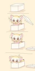 Rule 34 | ..., 1girl, 4koma, :3, absurdres, animal ears, arms up, blonde hair, blush, bow, bowtie, box, breast pocket, brown eyes, comic, covering face, embarrassed, fennec (kemono friends), highres, hosshii (comet mura), kemono friends, long sleeves, open mouth, pink sweater, pocket, ribbon, short hair, simple background, smile, sweatdrop, sweater, tail