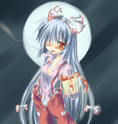 Rule 34 | 1girl, blush, bow, breasts, cigarette, cleavage, female focus, fujiwara no mokou, gift, hair bow, hair over one eye, holding, holding gift, incoming gift, long hair, moon, multiple hair bows, open clothes, open fly, open shirt, panties, pantyshot, red eyes, shirt, silver hair, smoking, solo, suspenders, touhou, unbuttoned, underwear, undone, unzipped, valentine, white panties, yuuji (itadon)