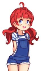 Rule 34 | 1girl, arms behind back, belt, blue belt, blue eyes, blue overalls, denim, drantyno, flat chest, freckles, highres, long hair, low twintails, open mouth, overalls, red hair, shirt, short sleeves, smile, standing, striped clothes, striped shirt, teeth, twintails, white background, white shirt