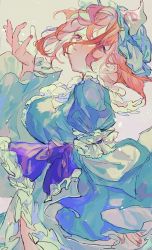 Rule 34 | 1girl, :|, blue hat, blue kimono, closed mouth, commentary, frilled kimono, frills, hair between eyes, hand up, hat, head back, highres, japanese clothes, kimono, long sleeves, mob cap, nail polish, pink eyes, pink hair, pink nails, saigyouji yuyuko, shinjitsu no kuchi, short hair, sleeves past wrists, solo, touhou, triangular headpiece, wide sleeves