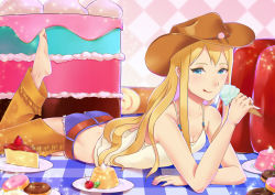 Rule 34 | 1girl, :p, absurdres, akatsuki sumi, arm support, bare shoulders, barefoot, belt, blonde hair, blue eyes, cake, collarbone, cowboy hat, doughnut, food, gelatin, hat, highres, ice cream, ice cream cone, leg up, long hair, looking at viewer, lying, on stomach, pudding, short shorts, shorts, smile, solo, the pose, tongue, tongue out