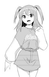 Rule 34 | 1girl, :d, blush, casual, character name, clothes writing, commentary request, denim, denim skirt, grey background, greyscale, hand up, highres, long sleeves, looking at viewer, monochrome, motomiki, nemoto hina, official alternate costume, open mouth, simple background, skirt, sleeves past wrists, smile, solo, standing, sweater, teeth, two side up, upper teeth only, watashi ga motenai no wa dou kangaetemo omaera ga warui!