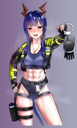 Rule 34 | 1girl, 1other, abs, absurdres, arknights, blue hair, blush, bottle, ch&#039;en (arknights), crop top, cuffs, disembodied limb, earbuds, earphones, fingerless gloves, fingernails, gloves, gradient background, hand on own hip, handcuffs, heart, heart-shaped pupils, highres, horns, jacket, looking at viewer, navel, navel piercing, neso neso, open mouth, outstretched arm, piercing, pink nails, police, purple background, red eyes, red horns, sidelocks, simple background, sports bra, sportswear, steam, steaming body, stomach, sweat, sweaty clothes, symbol-shaped pupils, thighs, water bottle
