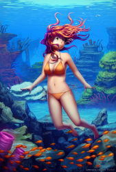 Rule 34 | 1girl, :t, air bubble, barefoot, bikini, breasts, breath, bubble, caustics, cleavage, coral, feet, fish, floating hair, freckles, freediving, full body, green eyes, highres, holding breath, idfer, long hair, looking afar, looking to the side, medium breasts, navel, ocean, orange bikini, original, puffy cheeks, red hair, revision, rock, school of fish, seafloor, shipwreck, side-tie bikini bottom, signature, solo, strap gap, swimming, swimsuit, toes, underwater, water