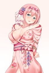 Rule 34 | 1girl, arms behind back, blue eyes, blush, breasts, cleavage, flower, hair ribbon, hairband, head tilt, japanese clothes, kimono, large breasts, looking at viewer, open clothes, open kimono, open mouth, pink flower, pink hair, pink hairband, princess connect!, restrained, ribbon, shiny skin, short hair, simple background, solo, standing, tears, white background, white ribbon, yui (princess connect!), yukata, yyi