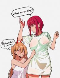 Rule 34 | 2girls, breasts, chainsaw man, en8568, english text, highres, horns, large breasts, long hair, makima (chainsaw man), multiple girls, orange hair, power (chainsaw man), pulling at clothes, red eyes, red hair, shirt, yellow eyes