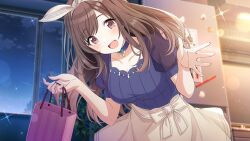 Rule 34 | 1girl, :d, bag, blue choker, blue shirt, blurry, blurry background, blush, bokeh, bow, bow hairband, breasts, brown hair, choker, cloud, collarbone, cowboy shot, depth of field, game cg, hair bow, hairband, holding, holding bag, idolmaster, idolmaster shiny colors, indoors, large breasts, leaning forward, light particles, long hair, looking at viewer, night, official art, open mouth, outstretched hand, pink eyes, plant, potted plant, puffy short sleeves, puffy sleeves, refrigerator, see-through, see-through sleeves, shirt, short sleeves, sidelocks, skirt, smile, solo, sparkle, tsukioka kogane, waist bow, window, yellow skirt