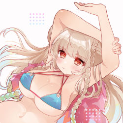 Rule 34 | 1girl, :t, arms up, azur lane, bare shoulders, bikini, bikini top only, blue bikini, blunt bangs, braid, braided bun, breasts, cleavage, collarbone, commentary request, double bun, formidable (azur lane), formidable (the lady of the beach) (azur lane), hair bun, highres, large breasts, long hair, looking at viewer, midriff, navel, official alternate costume, pout, red eyes, sidelocks, silver hair, simple background, solo, spaghetti strap, swimsuit, takumi mizuki, twin braids, twintails
