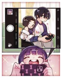 1boy 2girls artist_name boku_no_kokoro_no_yabai_yatsu cellphone closed_eyes controller game_controller highres holding indoors lianbiglian looking_at_viewer multiple_girls open_mouth phone purple_hair smile taking_picture teeth upper_teeth_only yamada_anna yamada_sanae_(bokuyaba) yamada_yuuki_(bokuyaba)