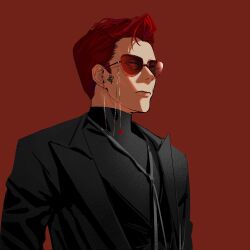 Rule 34 | 1boy, black shirt, casual, closed mouth, collared shirt, crowley (good omens), demon boy, glasses, good omens, highres, logictesla, male focus, red hair, shirt, slit pupils, solo, sweater, turtleneck, turtleneck sweater