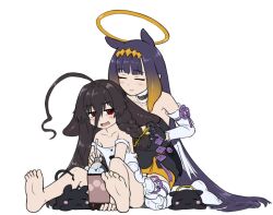 Rule 34 | 2girls, absurdly long hair, ahoge, alloyrabbit, azur lane, bare shoulders, barefoot, behind another, bendy straw, black dress, black hair, blush, bow, closed eyes, closed mouth, cola, collarbone, commentary, crossover, dress, dress slip, drinking straw, english commentary, feathered wings, feet, gradient hair, hair between eyes, hair bow, halo, highres, hololive, hololive english, huge ahoge, jitome, kneeling, long hair, looking at another, low wings, multicolored hair, multiple girls, ninomae ina&#039;nis, ninomae ina&#039;nis (1st costume), open mouth, orange hair, pointy ears, red eyes, simple background, sitting, smile, soda, soda bottle, soles, takodachi (ninomae ina&#039;nis), tentacle hair, thighhighs, toes, trait connection, tying hair, very long hair, virtual youtuber, white background, white dress, white thighhighs, white wings, whydah (azur lane), whydah (lazy pirate angel) (azur lane), wings, yellow bow