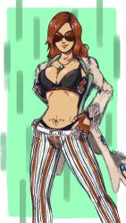 Rule 34 | 1girl, absurdres, belt, breasts, brown hair, cleavage, fingerless gloves, funnypink, gloves, highres, jacket, jewelry, katarina alves, large breasts, midriff, necklace, pants, solo, sunglasses, tattoo on belly, tekken, tekken 7, whale tail (clothing)
