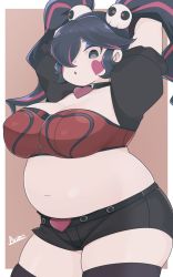 Rule 34 | 1girl, alternate costume, belly, black eyes, black hair, breasts, bursting belly, choker, cleavage, fat, hair over one eye, highres, large breasts, long hair, multicolored hair, navel, pale skin, pink hair, plump, rukosizuoka, shizuoka ruko, shorts, solo, standing, thighhighs, twintails