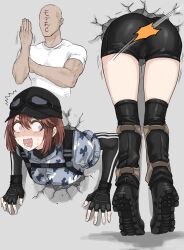 Rule 34 | 1boy, 1girl, ass, baseball cap, bike shorts, boots, brown hair, constricted pupils, faceless, faceless male, fingerless gloves, fuku (fuku12290574), gloves, goggles, goggles on headwear, hat, highres, original, purple eyes, shaded face, short hair, spanked, spanking, stuck, thighhighs, through wall