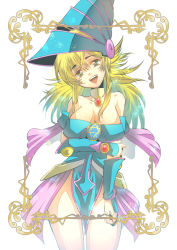 Rule 34 | 1girl, aikosu (icos), bare shoulders, blonde hair, breasts, cleavage, cowboy shot, dark magician girl, duel monster, hat, large breasts, long hair, open mouth, smile, solo, white background, wizard hat, yu-gi-oh!, yu-gi-oh! duel monsters
