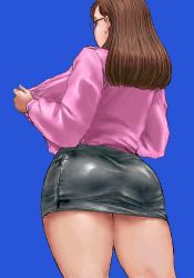 Rule 34 | 1girl, ass, back, blue background, brown hair, from behind, huge ass, long hair, lowres, matoyama, miniskirt, oekaki, pencil skirt, skirt, solo, undressing
