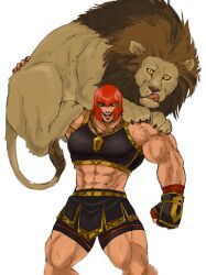 Rule 34 | 1girl, abs, animal, animal on shoulder, bike shorts under skirt, black gloves, black shorts, black skirt, black sports bra, breasts, carrying over shoulder, chain, chain necklace, commentary, english commentary, fingerless gloves, fingernails, gloves, gold chain, green eyes, hand wraps, highres, jewelry, lion, marisa (street fighter), medium breasts, midriff, mole, mole under eye, muscular, muscular female, necklace, nyaattoberritto, pendant, red hair, red nails, scar, scar on arm, scar on leg, short hair, shorts, skirt, sports bra, street fighter, street fighter 6, strong, thick thighs, thighs, veins, veiny arms