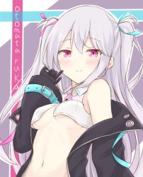 Rule 34 | 1girl, bare shoulders, black coat, black gloves, blush, breasts, character name, closed mouth, coat, collared shirt, crop top, gloves, gudou (gdo 514), hair ribbon, hand up, indie virtual youtuber, jewelry, long hair, long sleeves, looking at viewer, navel, necklace, no bra, off shoulder, open clothes, open coat, otomata ruka, pink eyes, ribbon, shirt, sidelocks, silver hair, sleeveless, sleeveless shirt, sleeves past wrists, small breasts, smile, solo, stomach, two side up, upper body, virtual youtuber, white shirt