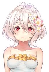 Rule 34 | 1girl, antenna hair, bad id, bad pixiv id, breasts, collarbone, commentary request, flower, goyain, hair between eyes, kokkoro (princess connect!), kokkoro (summer) (princess connect!), looking at viewer, medium breasts, one-piece swimsuit, parted lips, pink flower, pointy ears, princess connect!, red eyes, short hair, sidelocks, silver hair, simple background, solo, strapless, strapless one-piece swimsuit, swimsuit, upper body, white background, white flower, white one-piece swimsuit