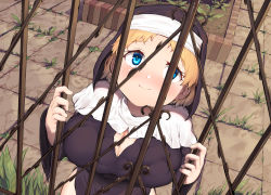 Rule 34 | 1girl, blonde hair, blue eyes, breast press, breasts, cleavage, cleavage cutout, clothing cutout, fence, garden, gate, grass, large breasts, looking up, nun, original, outdoors, sakimori dan, skindentation, smile, solo