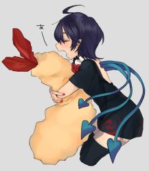 Rule 34 | 1girl, ahoge, asymmetrical wings, backless dress, backless outfit, black dress, black hair, black thighhighs, bow, bowtie, closed eyes, commentary, dress, food, grey background, highres, houjuu nue, hugging object, makita (vector1525), mismatched wings, nail polish, open mouth, pointy ears, red bow, red bowtie, red nails, short hair, short sleeves, shrimp, shrimp tempura, simple background, solo, symbol-only commentary, tempura, thighhighs, touhou