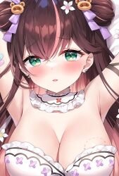 Rule 34 | 1girl, armpit crease, armpits, arms up, ayamy, bandaid, bandaid on arm, bite mark, bite mark on breast, blush, breasts, brown hair, cleavage, earrings, flower, flower earrings, green eyes, hair flower, hair ornament, hanamori healthy, highres, indie virtual youtuber, jewelry, large breasts, long hair, looking at viewer, melty+, on bed, open mouth, pill hair ornament, raccoon hair ornament, solo, virtual youtuber