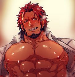 Rule 34 | 1boy, abs, bara, bare pectorals, close-up, dark skin, dark-skinned male, facial hair, flee ad, goatee, highres, large pectorals, long sideburns, looking at viewer, male focus, mature male, muscular, muscular male, nipples, open clothes, open shirt, original, pectoral focus, pectorals, portrait, red hair, shirt, short hair, sideburns, smile, solo, stomach, sweat, white shirt