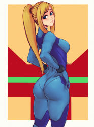 Rule 34 | 1girl, absurdres, artist name, ass, blonde hair, blue bodysuit, blue eyes, bodysuit, breasts, closed mouth, commentary, from behind, hand on own hip, highres, lips, long hair, long sleeves, looking at viewer, looking back, medium breasts, metroid, nintendo, raichiyo33, samus aran, shiny clothes, signature, simple background, skin tight, solo, turtleneck, zero suit