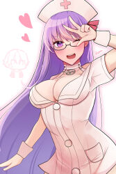 Rule 34 | 1boy, 1girl, bb (bb shot!) (fate), bb (fate), blush, breasts, choker, cleavage, dress, fate/extra, fate/grand order, fate (series), fufufu hehehe, glasses, hair ribbon, hat, heart, highres, kishinami hakuno (male), large breasts, long hair, looking at viewer, nurse cap, one eye closed, open mouth, pink ribbon, purple eyes, purple hair, ribbon, short dress, short sleeves, smile, solo focus, very long hair, white choker, white dress, white headwear, wrist cuffs