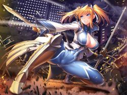 Rule 34 | 1girl, absurdres, action taimanin, armor, armored boots, ass, belt, blonde hair, blue eyes, bodysuit, boots, breasts, cameltoe, city, cleavage, clenched teeth, closed mouth, coat, curvy, dual wielding, eyebrows, eyes visible through hair, fang, female focus, fighting stance, fishnets, full body, gloves, gluteal fold, hair between eyes, hair ribbon, high collar, highres, holding, holding sword, holding weapon, large breasts, legs apart, lilith-soft, long hair, long sleeves, looking to the side, night, night sky, no bra, official art, open clothes, reverse grip, ribbon, serious, shinganji kurenai, shiny clothes, shiny skin, short twintails, skin tight, sky, solo, sword, taimanin (series), taimanin kurenai, taimanin rpgx, teeth, thighhighs, thighs, trench coat, turtleneck, twintails, weapon, white ribbon, zol