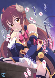 Rule 34 | 1girl, aosora neko, blush, bow, bowtie, breasts, brown eyes, cleavage, commentary request, crotch rub, curled horns, demon girl, demon horns, demon tail, detached sleeves, female masturbation, finger to mouth, highres, horns, large breasts, long hair, looking at viewer, machikado mazoku, masturbation, pink bow, pink bowtie, pussy, pussy juice, red hair, solo, sweatdrop, table, table humping, tail, yoshida yuuko (machikado mazoku)