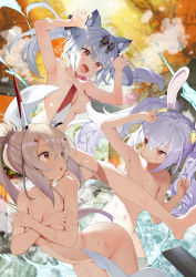 Rule 34 | 3girls, :o, animal ears, armpits, arms up, ayanami (azur lane), azur lane, blurry, bow, breasts, brown hair, rabbit ears, cat ears, censored, cleavage, completely nude, convenient censoring, covering privates, covering breasts, depth of field, fake animal ears, gaou (umaiyo puyoman), hair bow, hair ornament, headgear, highres, laffey (azur lane), looking at another, medium breasts, multiple girls, navel, censored nipples, nude, open mouth, orange eyes, ponytail, silver hair, small breasts, twintails, wet, yukikaze (azur lane)