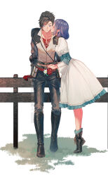 Rule 34 | 1boy, 1girl, black hair, blue eyes, blush, clive rosfield, closed eyes, couple, denim, dress, earrings, fence, final fantasy, final fantasy xvi, flower, gloves, grass, height difference, high heels, jacket, jeans, jewelry, jill warrick, kiss, kissing cheek, lm 0063, looking down, pants, simple background, sitting on fence, square enix, tiptoes, white dress