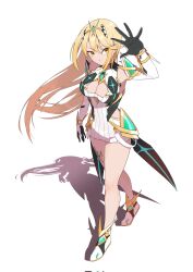 Rule 34 | 1girl, arm up, black gloves, blonde hair, breasts, brown eyes, cleavage, cleavage cutout, closed mouth, clothing cutout, commentary, detached sleeves, dress, full body, gloves, hair between eyes, headpiece, hehe jun, highres, large breasts, long hair, long sleeves, mythra (xenoblade), simple background, sleeveless, sleeveless dress, smile, solo, standing, very long hair, white background, white dress, white footwear, white sleeves, xenoblade chronicles (series), xenoblade chronicles 2