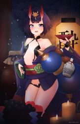 Rule 34 | 1girl, alcohol, bad id, bad pixiv id, bare shoulders, blush, bob cut, breasts, bridal gauntlets, candle, collarbone, eyeliner, fangs, fate/grand order, fate (series), food, fruit, fruit bowl, gourd, grapes, grimdle, headpiece, highres, horns, japanese clothes, jar, kimono, lantern, long sleeves, looking at viewer, makeup, obi, off shoulder, oni, open mouth, peach, purple eyes, purple hair, purple kimono, revealing clothes, sake, sash, short eyebrows, short hair, short kimono, shuten douji (fate), skin-covered horns, small breasts, smile, solo, thighs, wide sleeves