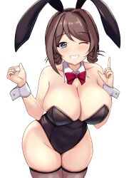 Rule 34 | 1girl, alternate costume, animal ears, black leotard, bow, bowtie, braid, braided hair rings, breasts, brown hair, brown thighhighs, chougei (kancolle), cowboy shot, detached collar, fake animal ears, grey eyes, grin, hair rings, highres, index finger raised, kantai collection, large breasts, leotard, long hair, looking at viewer, montemasa, one eye closed, playboy bunny, red bow, red bowtie, simple background, smile, solo, strapless, strapless leotard, thighhighs, twin braids, white background, wrist cuffs